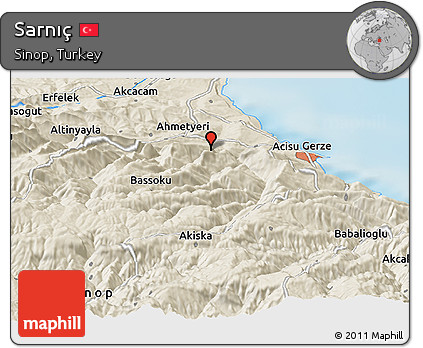 Shaded Relief Panoramic Map of Sarnıç