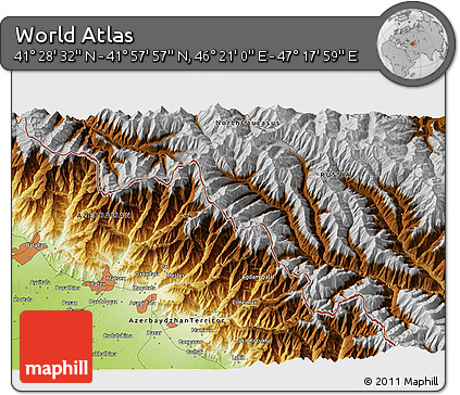 Physical 3D Map of the Area around 41° 43' 14" N, 46° 49' 30" E
