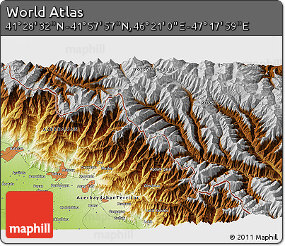 Physical 3D Map of the Area around 41° 43' 14" N, 46° 49' 30" E