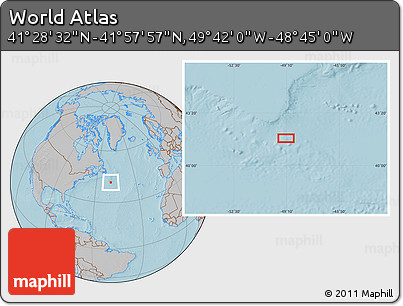 Gray Location Map of the Area around 41° 43' 14" N, 49° 13' 30" W, hill shading