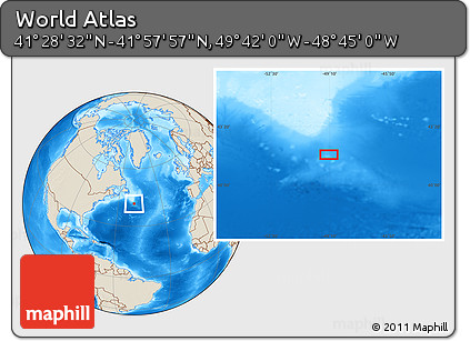 Shaded Relief Location Map of the Area around 41° 43' 14" N, 49° 13' 30" W