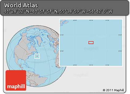Gray Location Map of the Area around 41° 43' 14" N, 55° 10' 29" W