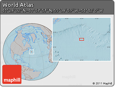 Gray Location Map of the Area around 41° 43' 14" N, 55° 10' 29" W, hill shading