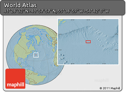 Savanna Style Location Map of the Area around 41° 43' 14" N, 55° 10' 29" W, hill shading