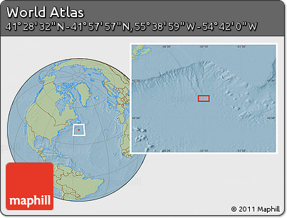 Savanna Style Location Map of the Area around 41° 43' 14" N, 55° 10' 29" W, hill shading
