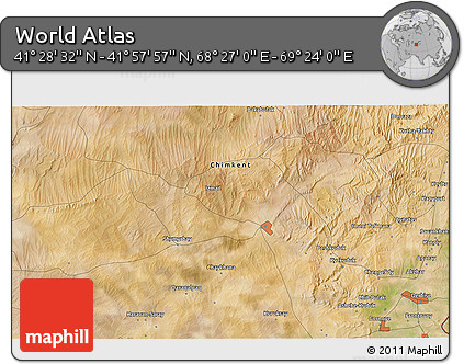 Satellite 3D Map of the Area around 41° 43' 14" N, 68° 55' 30" E