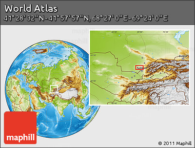 Physical Location Map of the Area around 41° 43' 14" N, 68° 55' 30" E