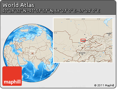 Shaded Relief Location Map of the Area around 41° 43' 14" N, 68° 55' 30" E
