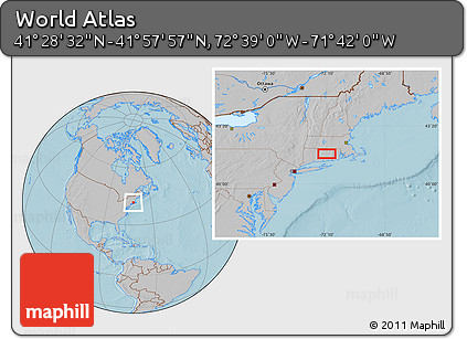 Gray Location Map of the Area around 41° 43' 14" N, 72° 10' 30" W, hill shading