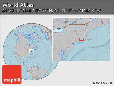Gray Location Map of the Area around 41° 43' 14" N, 72° 10' 30" W, hill shading