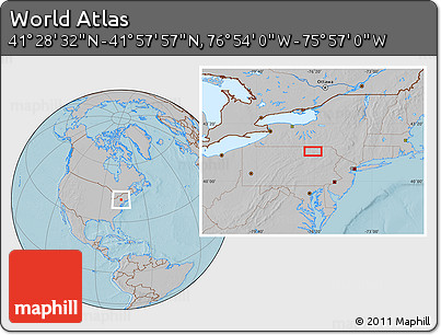 Gray Location Map of the Area around 41° 43' 14" N, 76° 25' 30" W, hill shading