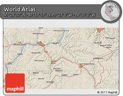 Shaded Relief 3D Map of the Area around 41° 43' 14" N, 78° 58' 29" W