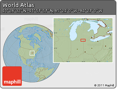 Savanna Style Location Map of the Area around 41° 43' 14" N, 84° 55' 30" W, hill shading