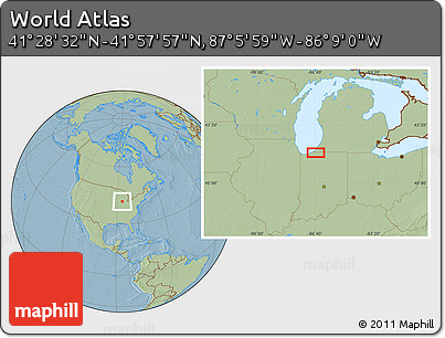 Savanna Style Location Map of the Area around 41° 43' 14" N, 86° 37' 30" W, hill shading