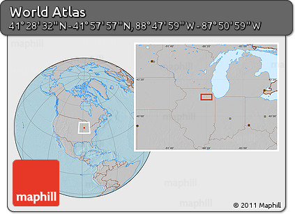 Gray Location Map of the Area around 41° 43' 14" N, 88° 19' 29" W, hill shading