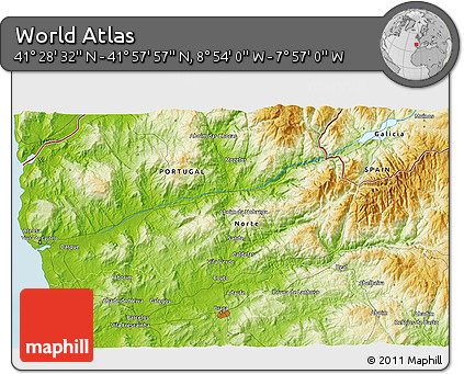 Physical 3D Map of the Area around 41° 43' 14" N, 8° 25' 30" W