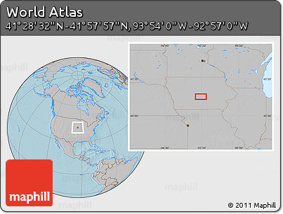 Gray Location Map of the Area around 41° 43' 14" N, 93° 25' 30" W, hill shading
