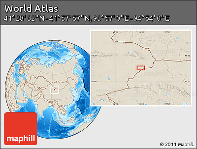 Shaded Relief Location Map of the Area around 41° 43' 14" N, 94° 25' 30" E
