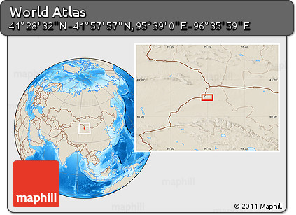 Shaded Relief Location Map of the Area around 41° 43' 14" N, 96° 7' 30" E