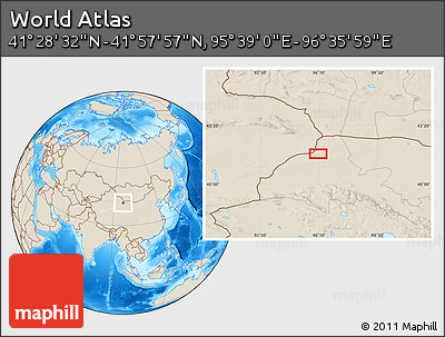 Shaded Relief Location Map of the Area around 41° 43' 14" N, 96° 7' 30" E