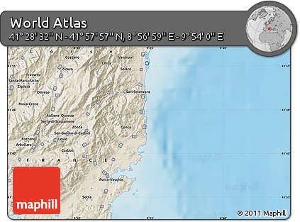 Shaded Relief Map of the Area around 41° 43' 14" N, 9° 25' 30" E