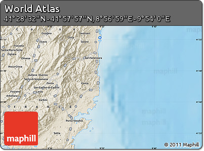 Shaded Relief Map of the Area around 41° 43' 14" N, 9° 25' 30" E