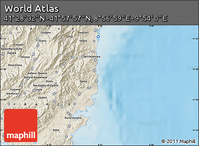 Shaded Relief Map of the Area around 41° 43' 14" N, 9° 25' 30" E