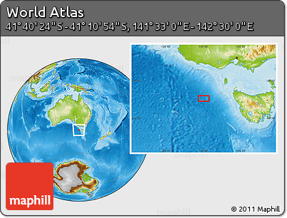 Physical Location Map of the Area around 41° 25' 39" S, 142° 1' 30" E