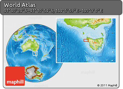 Physical Location Map of the Area around 41° 25' 39" S, 144° 34' 29" E