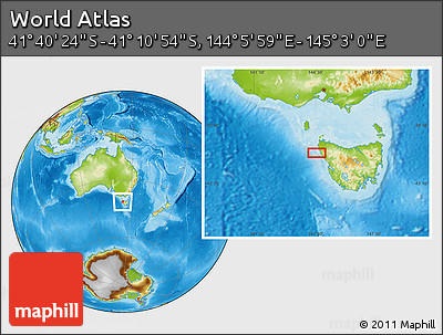 Physical Location Map of the Area around 41° 25' 39" S, 144° 34' 29" E