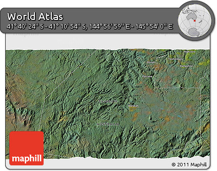 Satellite 3D Map of the Area around 41° 25' 39" S, 145° 25' 30" E