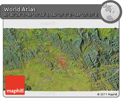 Satellite 3D Map of the Area around 41° 25' 39" S, 147° 7' 30" E