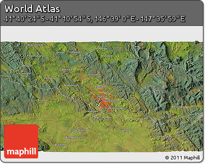 Satellite 3D Map of the Area around 41° 25' 39" S, 147° 7' 30" E