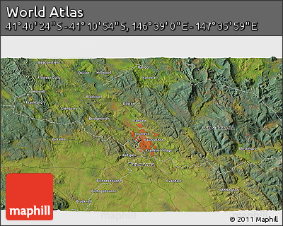 Satellite 3D Map of the Area around 41° 25' 39" S, 147° 7' 30" E