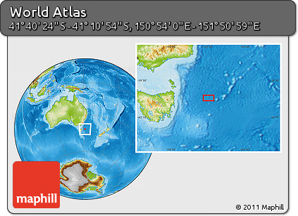 Physical Location Map of the Area around 41° 25' 39" S, 151° 22' 30" E