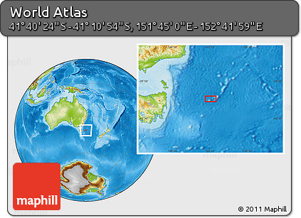 Physical Location Map of the Area around 41° 25' 39" S, 152° 13' 29" E