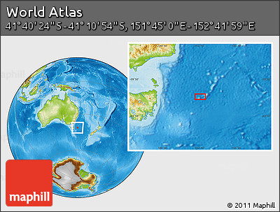 Physical Location Map of the Area around 41° 25' 39" S, 152° 13' 29" E