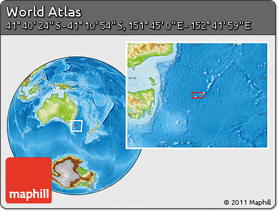 Physical Location Map of the Area around 41° 25' 39" S, 152° 13' 29" E