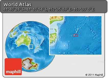Physical Location Map of the Area around 41° 25' 39" S, 153° 4' 29" E