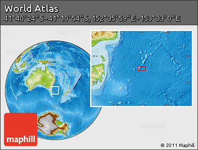 Physical Location Map of the Area around 41° 25' 39" S, 153° 4' 29" E