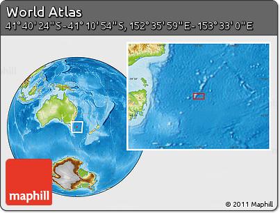 Physical Location Map of the Area around 41° 25' 39" S, 153° 4' 29" E