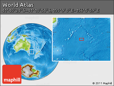 Physical Location Map of the Area around 41° 25' 39" S, 155° 37' 30" E