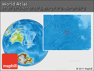 Physical Location Map of the Area around 41° 25' 39" S, 159° 52' 30" E