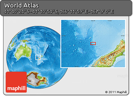 Physical Location Map of the Area around 41° 25' 39" S, 166° 40' 30" E