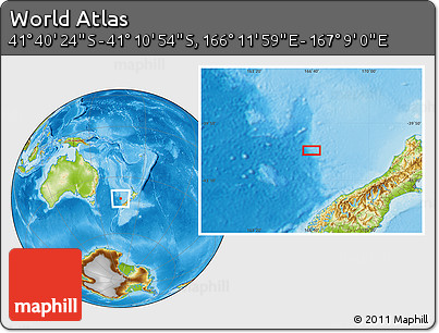 Physical Location Map of the Area around 41° 25' 39" S, 166° 40' 30" E