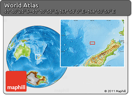 Physical Location Map of the Area around 41° 25' 39" S, 168° 22' 30" E