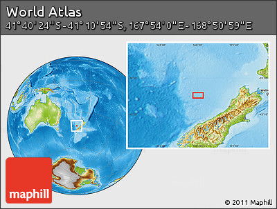 Physical Location Map of the Area around 41° 25' 39" S, 168° 22' 30" E