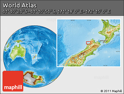 Physical Location Map of the Area around 41° 25' 39" S, 171° 46' 30" E