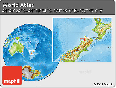 Physical Location Map of the Area around 41° 25' 39" S, 171° 46' 30" E