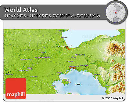 Physical 3D Map of the Area around 41° 25' 39" S, 73° 1' 30" W